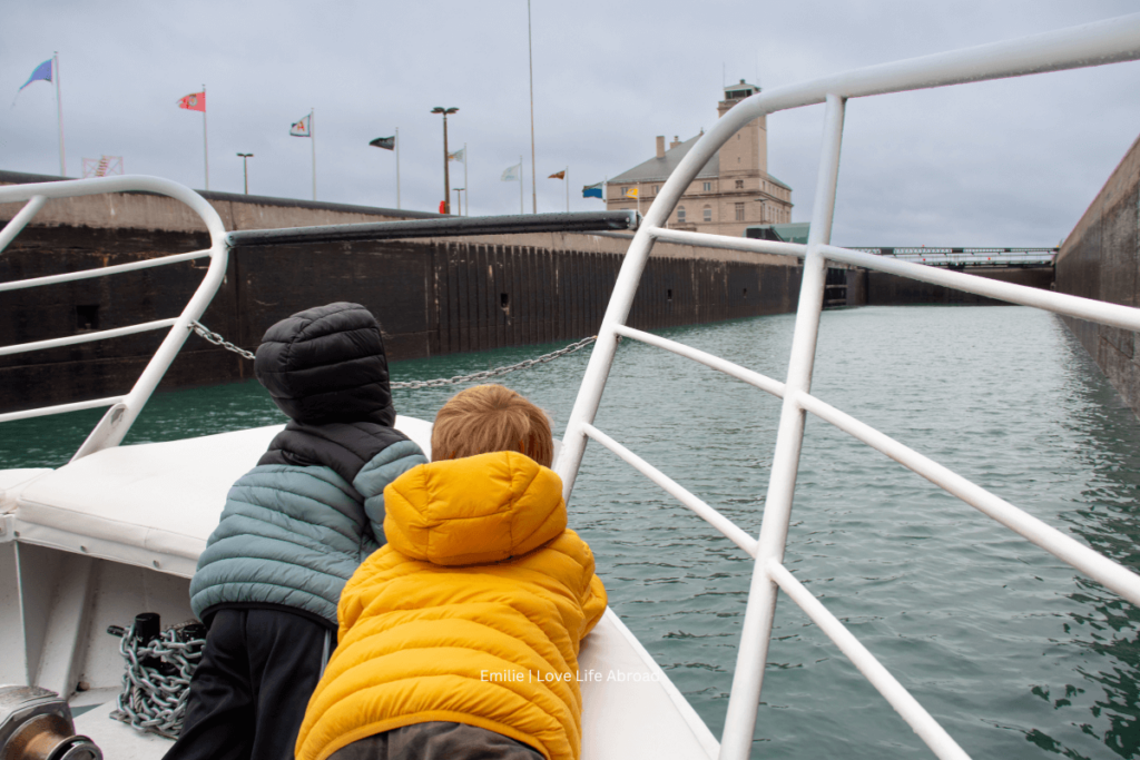 On the Miss Lock boat waiting on the lock to open so we can cross the river in Sault Ste Marie, ON