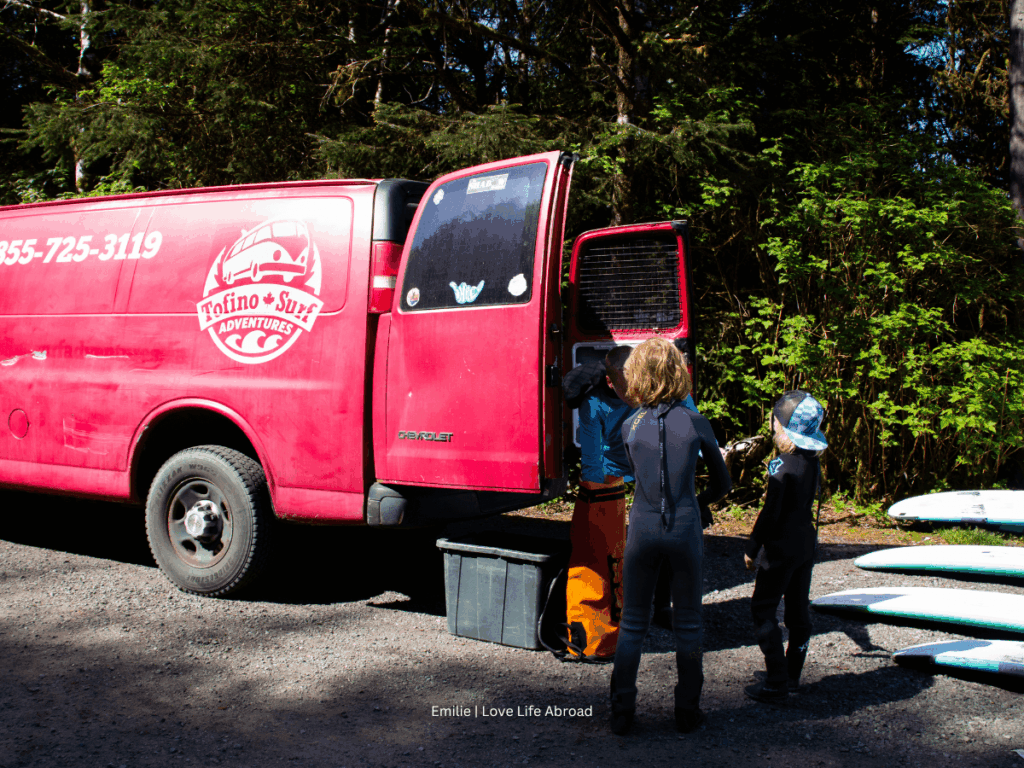 Getting ready to go surfing with Tofino Surf Adventures at Cox Bay in Tofino