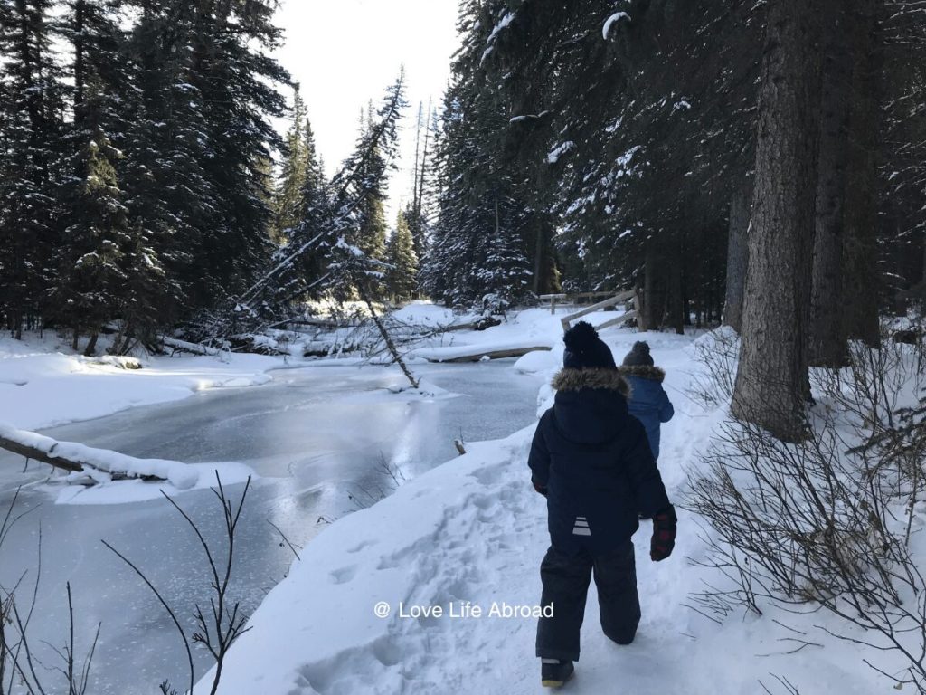Kids walking on the trail at Fenland Loop near the old location of the Banff sign