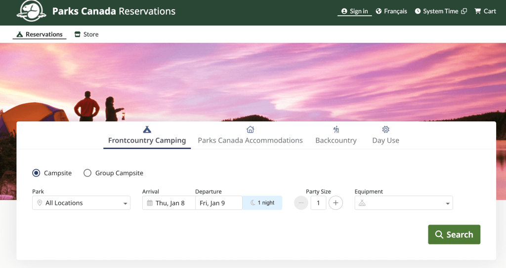 Parks Canada Reservations HomePage