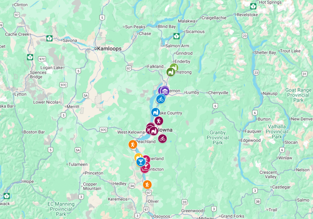 Map of the Okanagan Valley with things to do