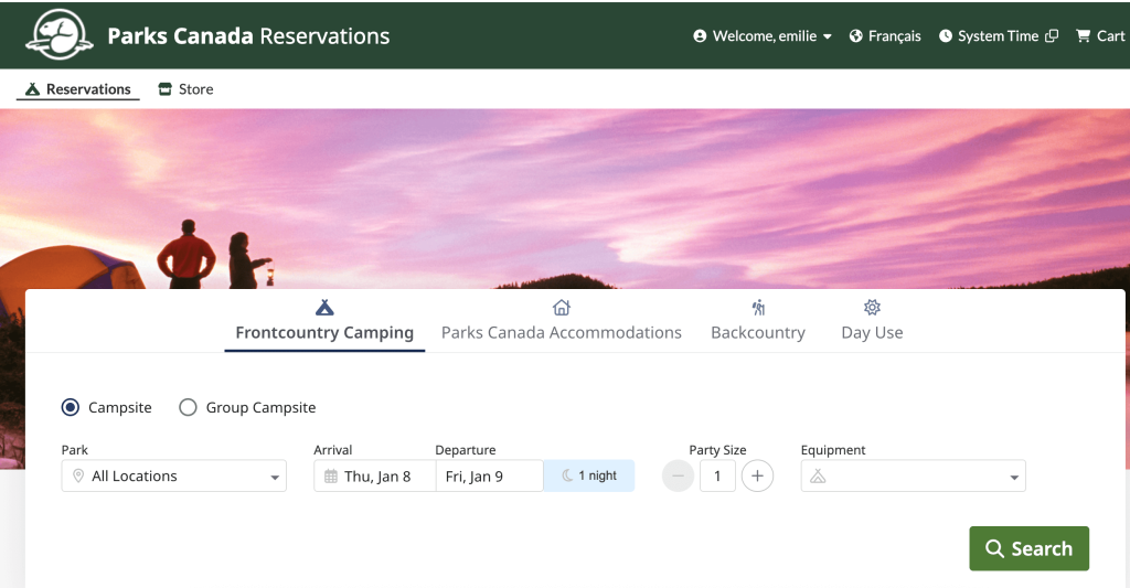 Parks Canada Reservation System Log in