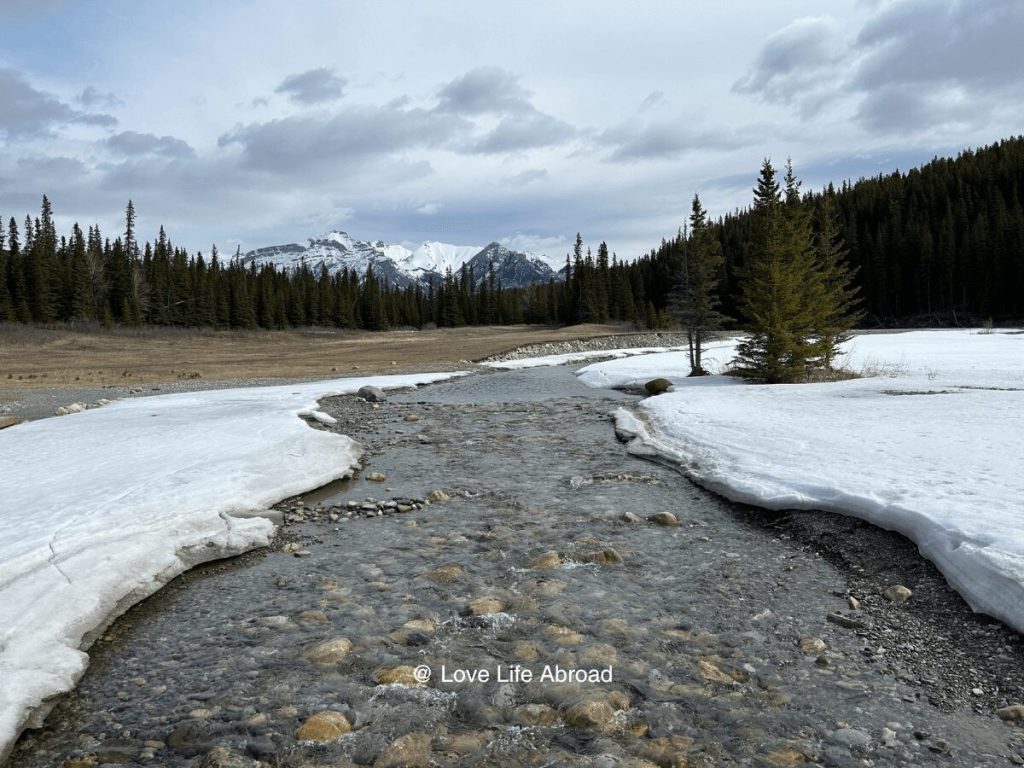 Walking over the river at Cascade Ponds at the end of the winter