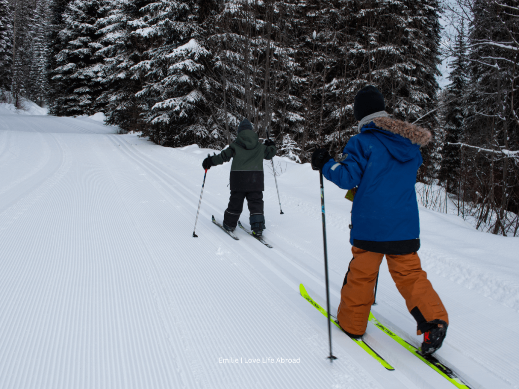 Kids enjoying XC skiing at Dawn Mountain in Golden