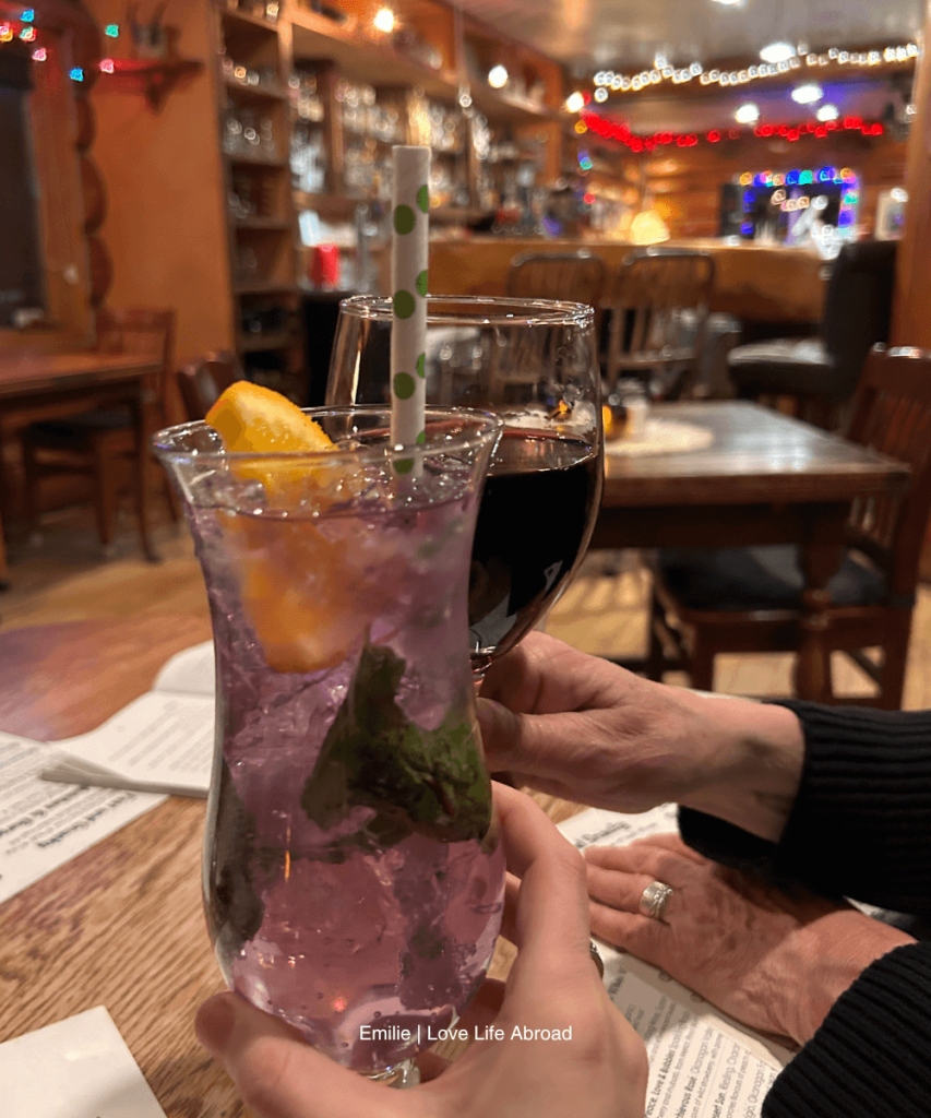 Posing with our drinks at The Island Restaurant in Golden