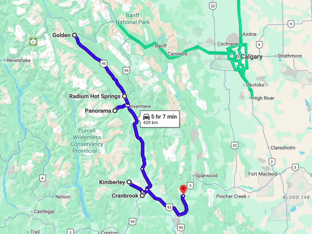 Map of a road trip from Golden to Cranbrook and Fernie in the East Kootenay.