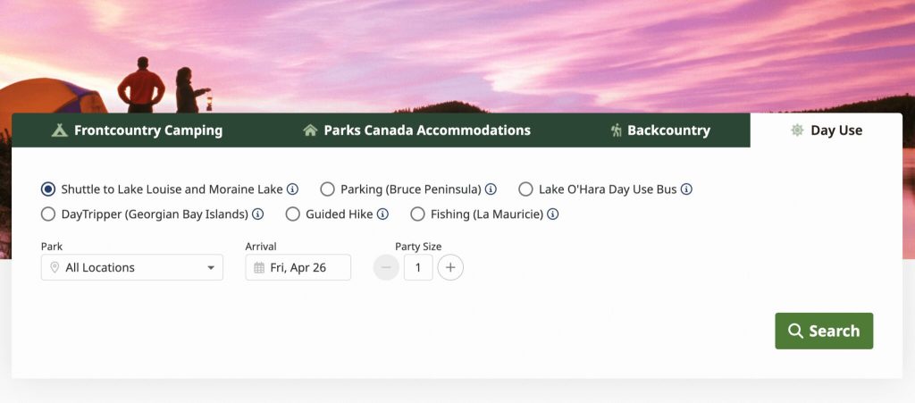 Parks Canada Reservation System Log in for Moraine Lake