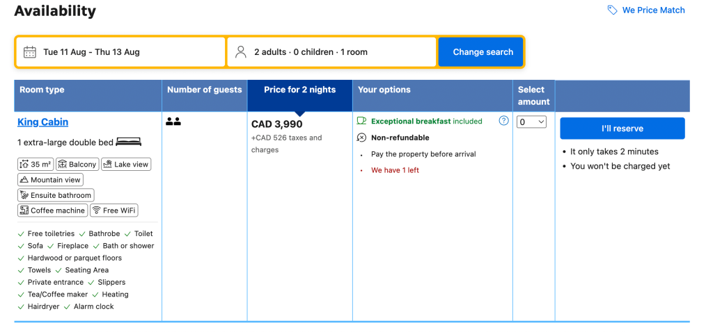 Pricing at Moraine Lake Lodge room