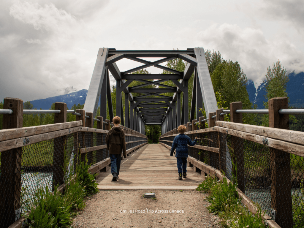 Walking on the Illecillewaet Pedestrian Bridge on the Greenbelt Path in Revelstoke