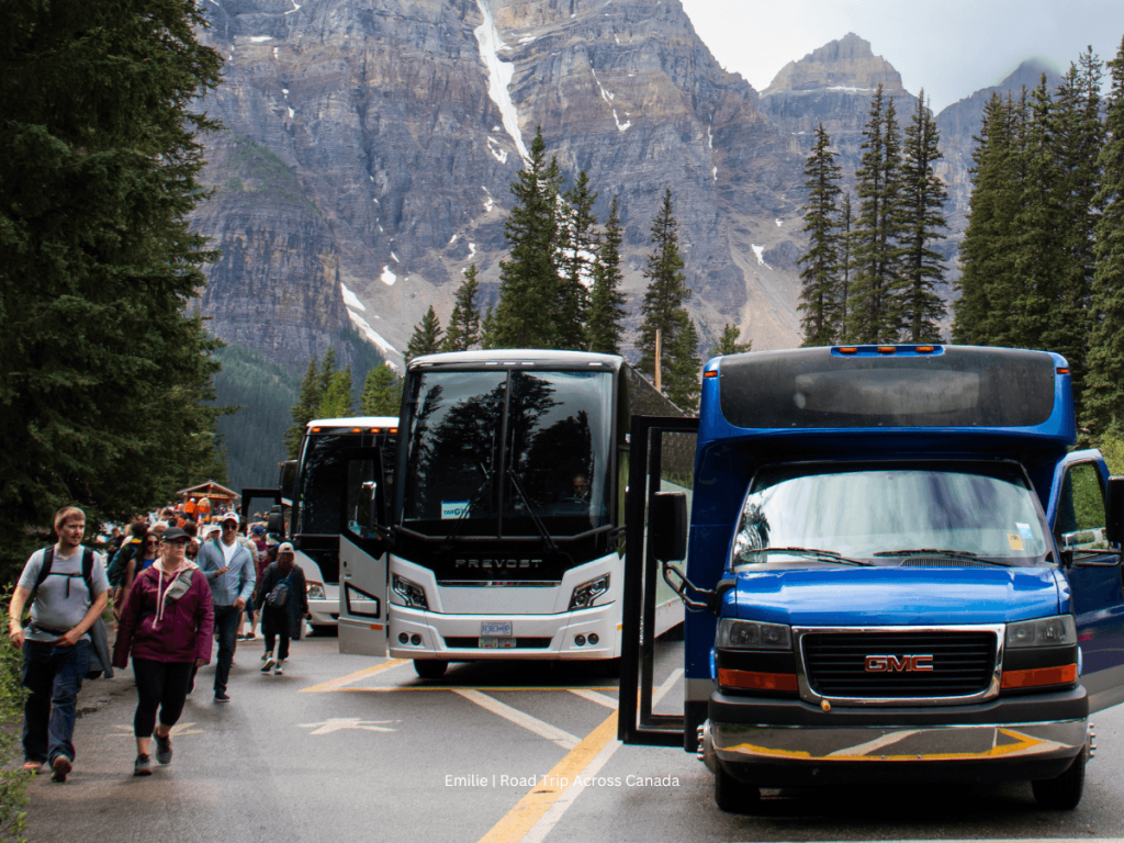 Waiting on the shuttle at Moraine Lake when visiting Banff without a car