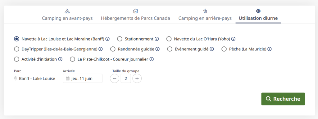 Ce qu’on voit lorsqu’on commence une réservation sur le site de Parcs Canada pour le lac Moraine