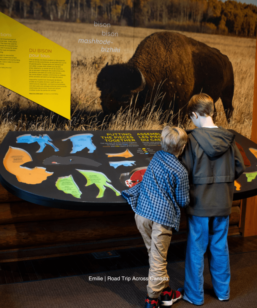 Kids doing the bison activity at Parks Canada Visitor Centre in Riding Mountain NP